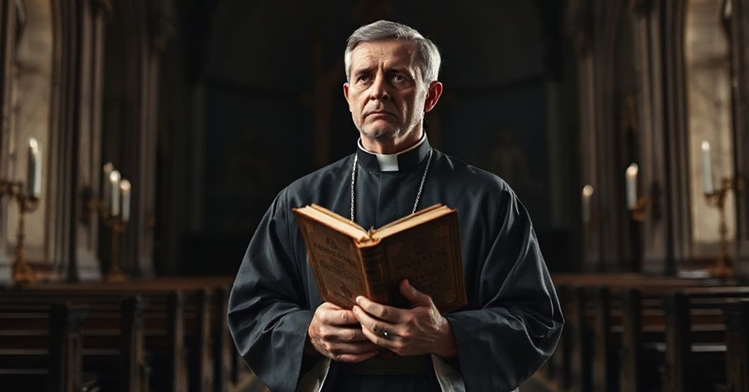 Ksiądz w tradycyjnym sutannie stoi w pustej, nieświetlnej kościele z wyedytowanym wydaniem Mszału Trydenckiego. Scena symbolizuje upadek prawdziwego kapłaństwa i kryzys katolickiej doktryny.