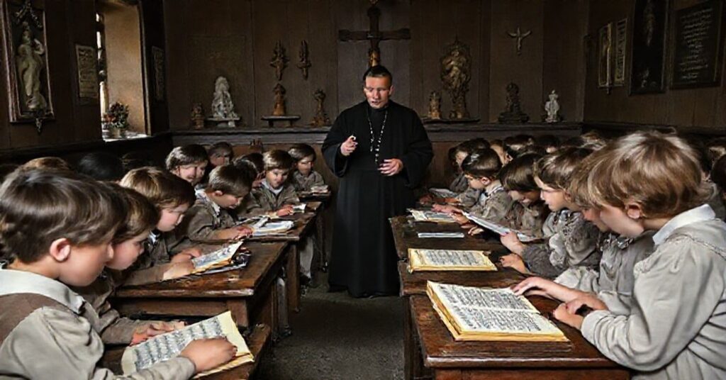 Tradycyjny katechetyczny klasa w Polsce z lat 50., z uczniami słuchającymi kaznodziei w czarnym habitie.