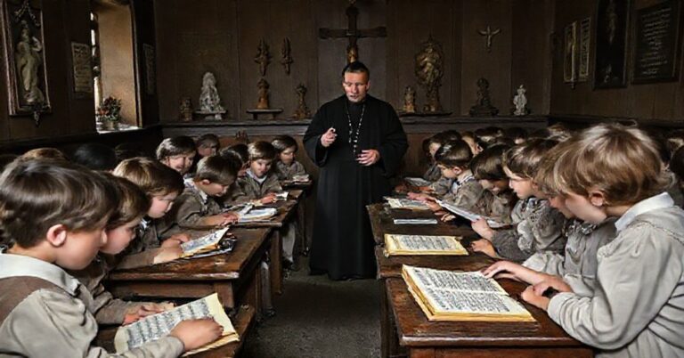 Tradycyjny katechetyczny klasa w Polsce z lat 50., z uczniami słuchającymi kaznodziei w czarnym habitie.