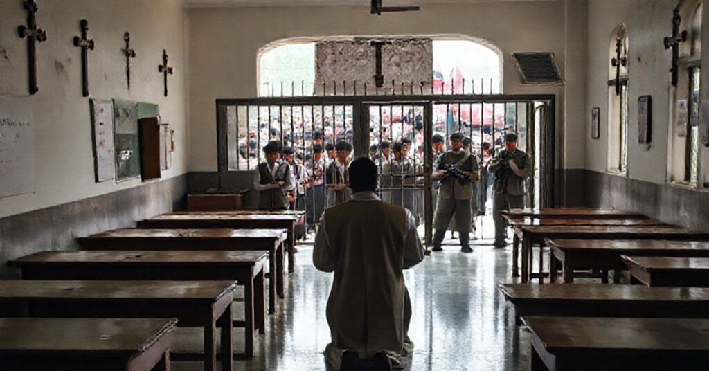 Pusty katolicki klasztor w Dhace z krzyżami na ścianach i zaniepokojonymi uczniami na zewnątrz