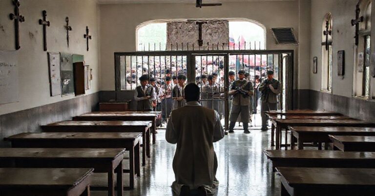 Pusty katolicki klasztor w Dhace z krzyżami na ścianach i zaniepokojonymi uczniami na zewnątrz