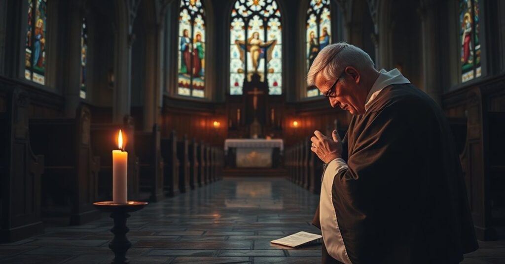 Realistyczny obraz tradycyjnego wnętrza kościoła z pustymi ławkami i przygasłym światłem przecierającym się przez witraże. Na ołtarzu pali się pojedynczy świeca symbolizująca zanikająca wiarę. Na pierwszym planie kucający ksiądz w tradycyjnym stroju modli się.