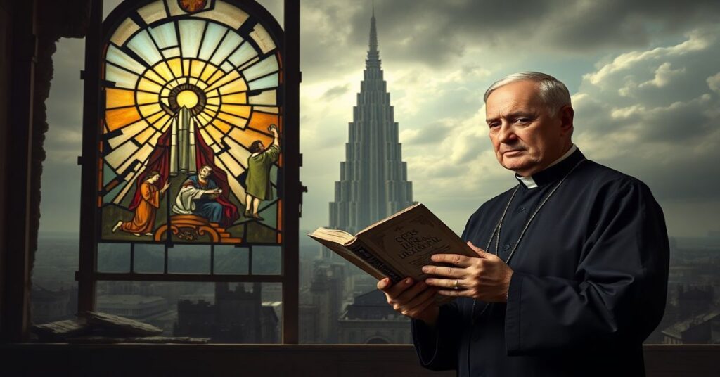 Czcigodny ksiądz w tradycyjnym sutannie stoi przed pękniętym witrażem ukazującym Sąd Ostateczny, symbolizując upadek Kościoła posoborowego.