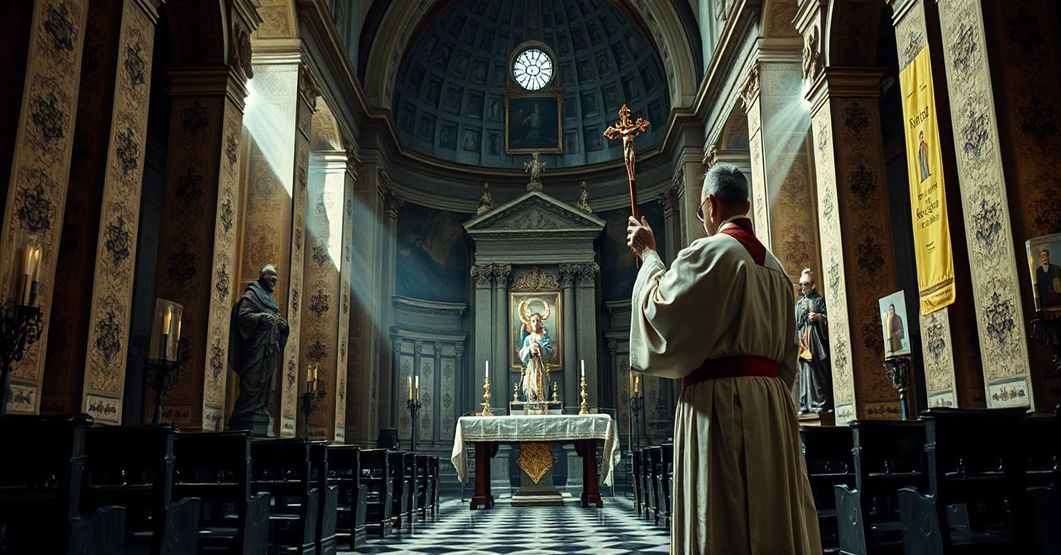 Sacerdot tradycyjny w zniszczonej Bazylice św. Piotra, symbolizujący upadek Kościoła