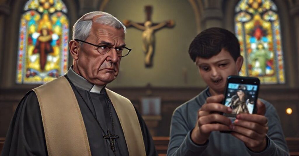 Ksiądz katolicki w tradycyjnym stroju patrzy z rozczarowaniem na młodzieńca wyświetlającego obraźliwą treść na telefonie, symbolizując upadek katolickiej kultury przez współczesnych "tradycjonalistów".