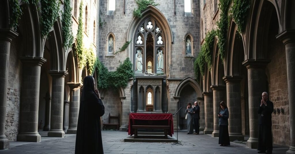 Opuszczona klasztorna biblioteka z surową obserwancją trapistów w Soligny-la-Trappe z porośniętymi przez dziką naturę ruinami i samotnym mnichem w tradycyjnym habitach