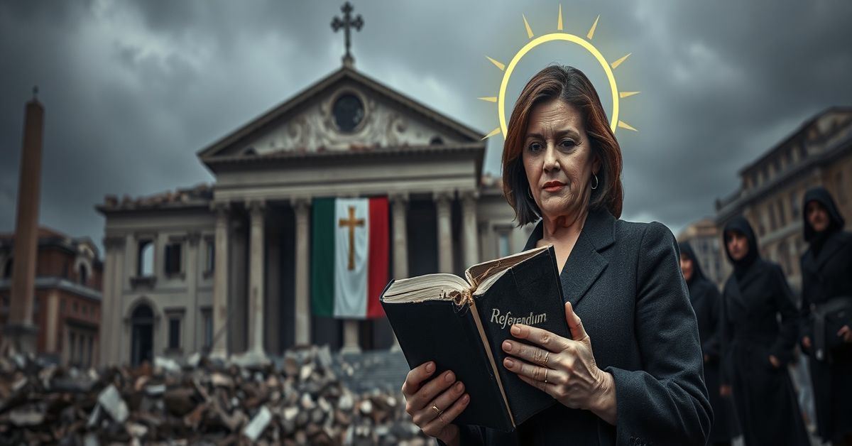 Giorgia Meloni przed ruinami budynku rządu w Rzymie z niespokojnym wyrazem twarzy na ciemnym tle.