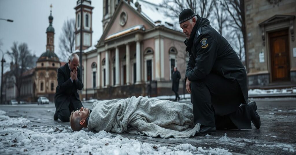 Zdjęcie przedstawiające martwego z wychłodzenia na ulicy Warszawy z modlącym się księdzem i policyjnym w tle, symbolizujące upadek katolickiej miłości bliźniego.