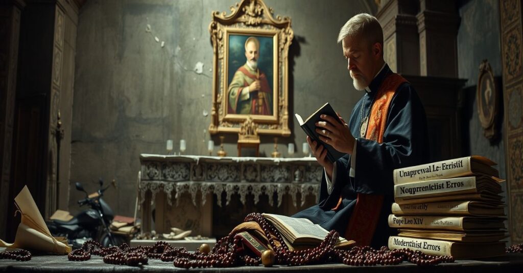 Obraz przedstawia księdza Michała Kwitlińskiego w upadłej kaplicy z psucą się ikonografią i fałszywym papieżem. Scena symbolizuje herezję modernistyczną i degradację modlitwy.