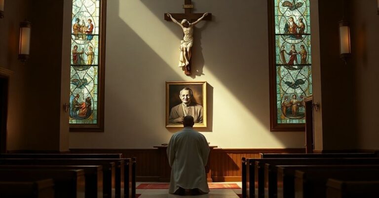 Okruchta tradycyjnego katolickiego kościoła z kapłanem w modlitwie przed krzyżem, symbolizujący upadek moralny współczesnego kleru