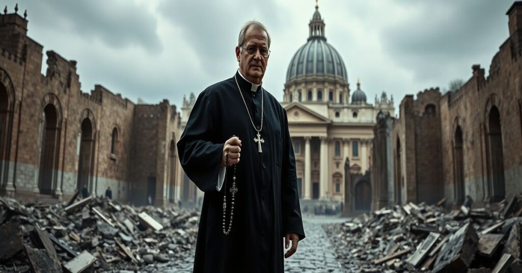 Ksiądz w tradycyjnym ornacie stoi przed rujnami katedry, trzymając złamane różaniec. W tle widoczna jest nowoczesna Bazylika Świętego Piotra. Scena symbolizuje upadek moralności i autorytetu duchowego w okresie po Soborze Watykańskim II.
