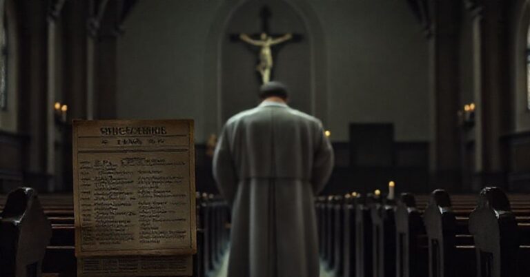 Tradycyjny ksiądz w ornacie modli się przed krzyżem w opuszczonym kościele, symbolizując upadek moralny w diecezji Grand Rapids w Michigan