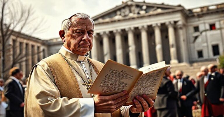 Ksiądz w tradycyjnych szatach kapłańskich stoi przed ruinami współczesnego budynku rządowego, wyraz twarzy pełen smutku i troski moralnej. Scena oświetlona naturalnym światłem podkreśla kontrast między wiecznymi wartościami Kościoła a rozpadającymi się świeckimi strukturami.