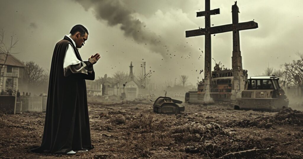 Kneeling priest in front of a destroyed church in China, symbolizing resistance against communist persecution and Vatican's silence