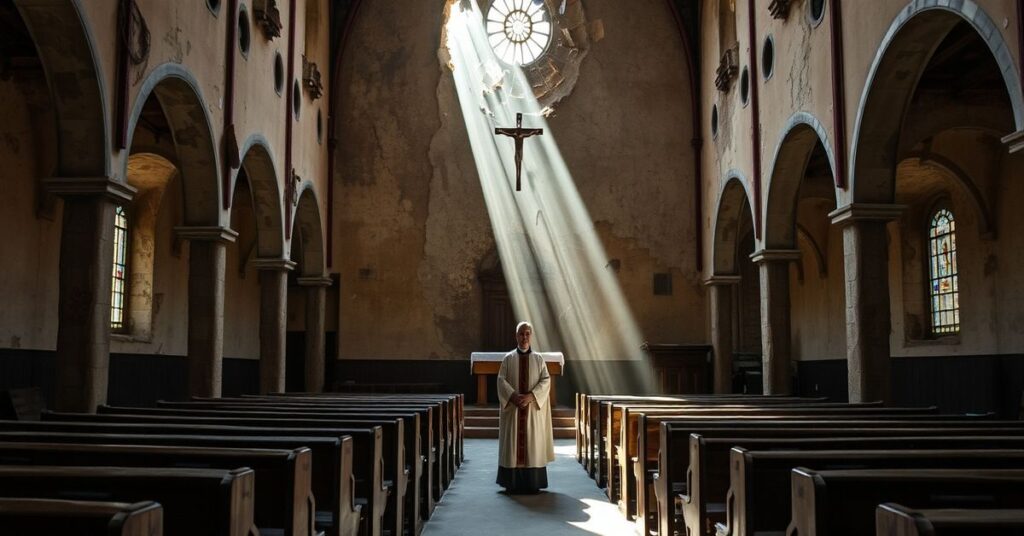 Pusty kościół katolicki we Włoszech, symbolizujący upadek parafii z powodu modernistycznej apostazji