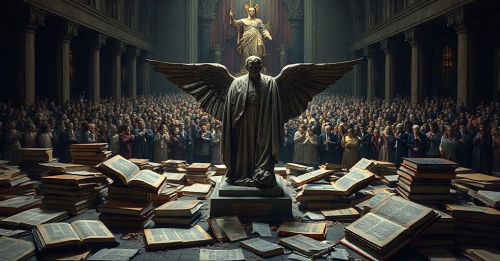 Obraz przedstawiający upadek chrześcijańskich wartości symbolizowany przez zrujnowaną statuę Pokojowej Nagrody Nobla otoczoną porzuconymi książkami encyklik papieskich.