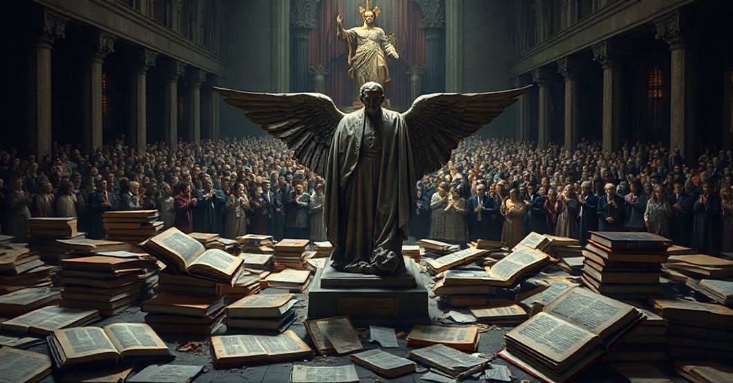 Pokojowa Nagroda Nobla a upadek chrześcijańskich wartości Obraz przedstawiający upadek chrześcijańskich wartości symbolizowany przez zrujnowaną statuę Pokojowej Nagrody Nobla otoczoną porzuconymi książkami encyklik papieskich.