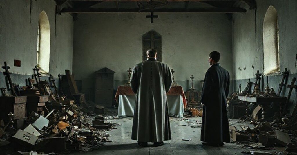 Kapłan w tradycyjnym ornacie stoi w pustym seminarium po Soborze Watykańskim II, otoczony rozrzuconymi przedmiotami liturgicznymi, symbolizując upadek powołań.