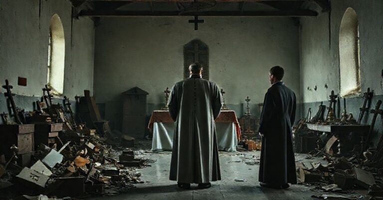 Kapłan w tradycyjnym ornacie stoi w pustym seminarium po Soborze Watykańskim II, otoczony rozrzuconymi przedmiotami liturgicznymi, symbolizując upadek powołań.