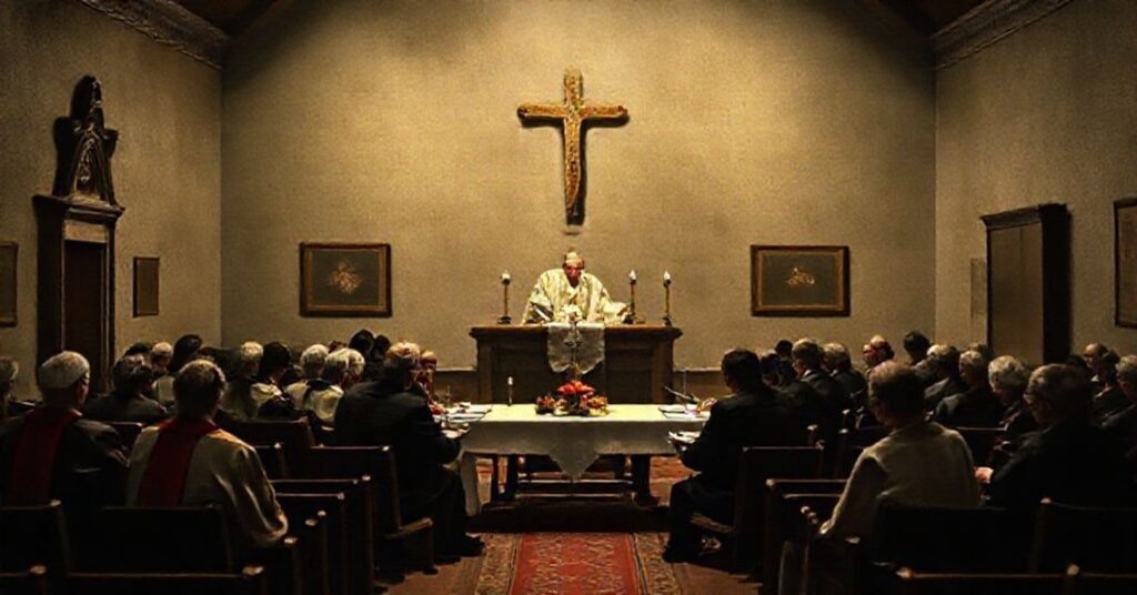 Ciemna i poważna scena przedstawiająca tradycyjną katolicką mszę św. w skromnej kaplicy w kontrast z nowoczesnym biurem pełnym sektantów zbliżających się do dokumentów symbolizujących upadek prawdziwej sakramentalnej władzy.