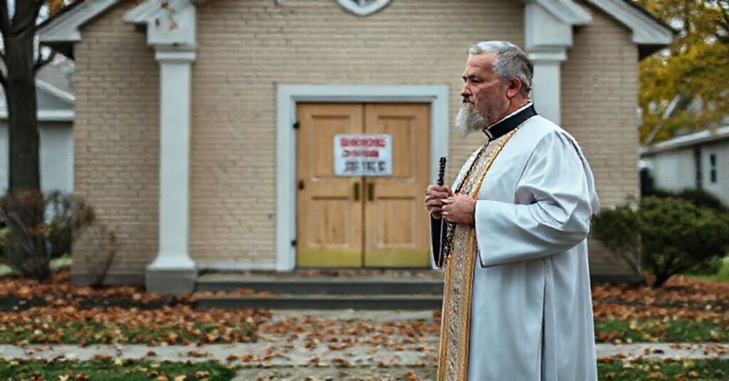 Tradycyjny katolicki kapłan w pełnym stroju liturgicznym stoi przed zamkniętym kościołem z tablicą "Do sprzedażu", symbolizując duchowy upadek i apostazję w Ameryce