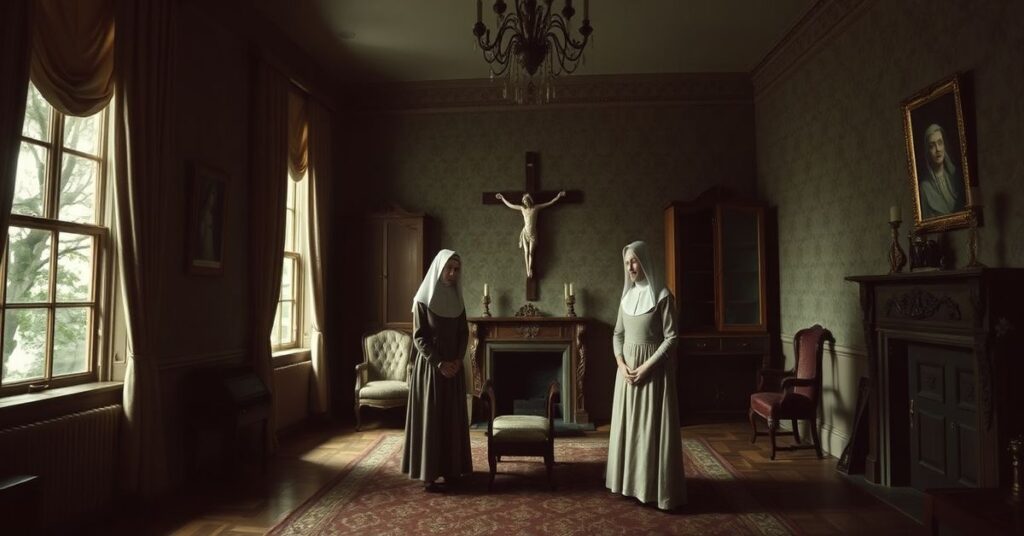 Melancholijny wnętrze Springfield House w latach trzydziestych XX wieku, pokazujące trzy siostry Langrishe w tradycyjnych strojach otoczone blaknącym arystokratycznym wystrojem.