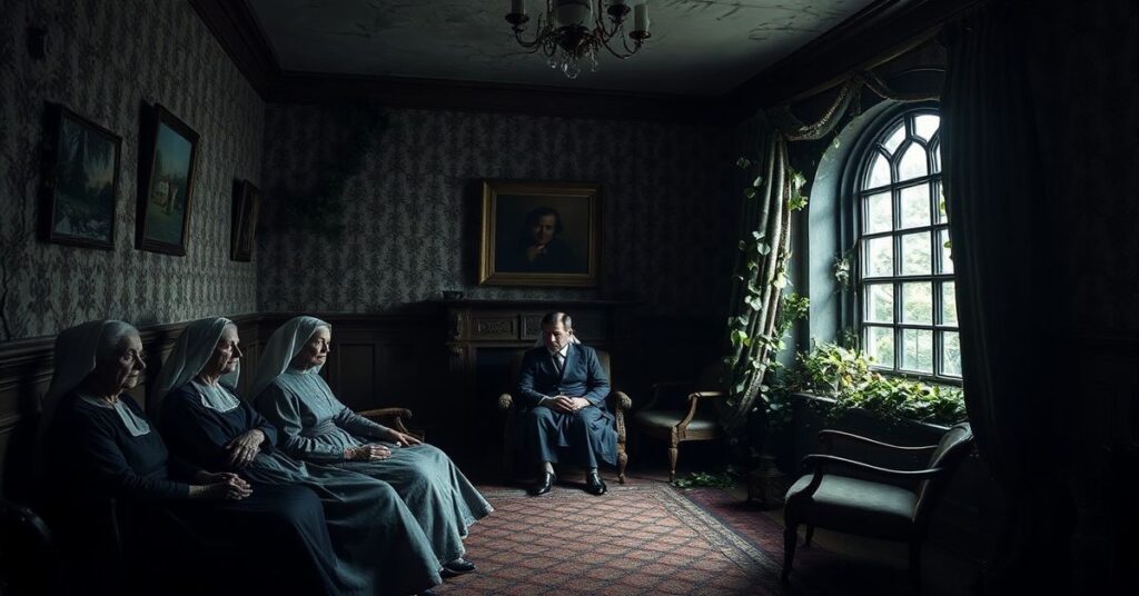 Zniszczony irlandzki dworek Springfield z trema staruszkami i niemieckim studentem Ottonem w pokoju pełnym rozkładu i desperacji.