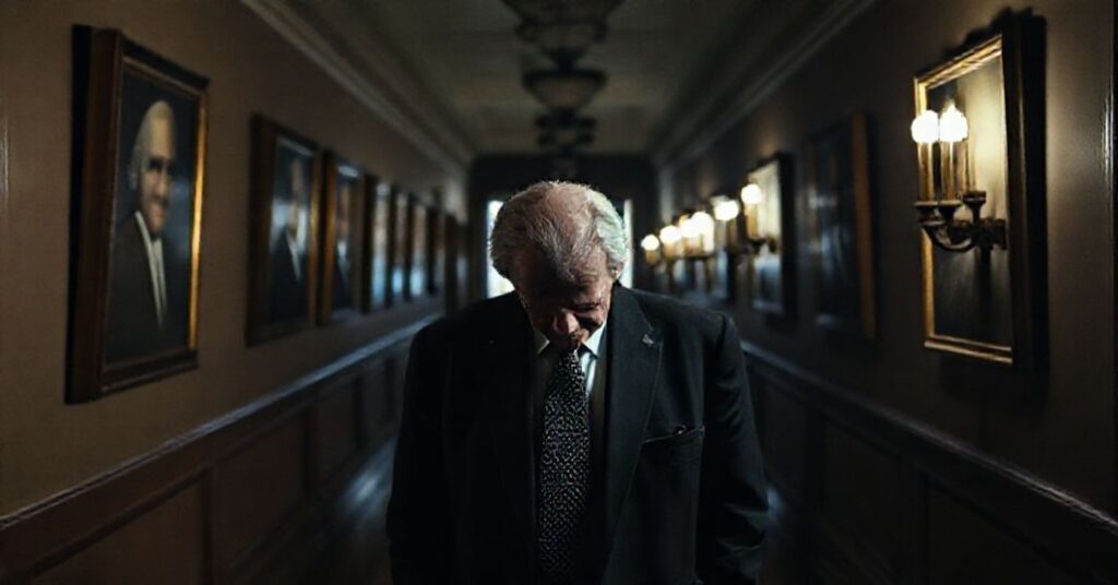 Larry Summers w półmroku na korytarzu Uniwersytetu Harvarda, głowa opuszczona w wstydzie