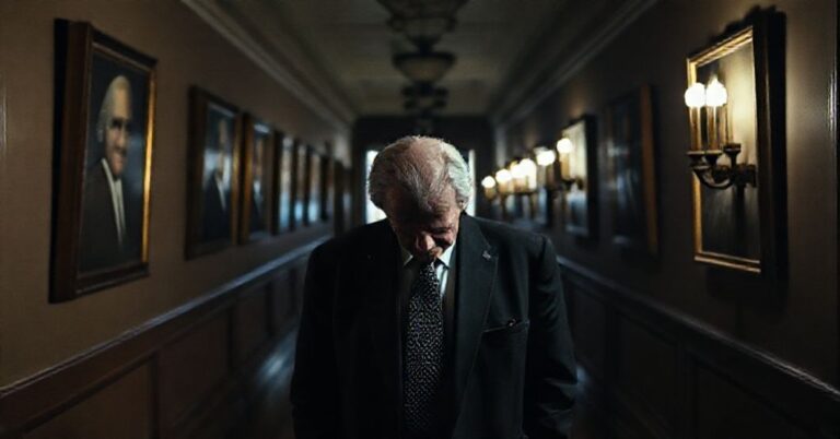 Larry Summers w półmroku na korytarzu Uniwersytetu Harvarda, głowa opuszczona w wstydzie