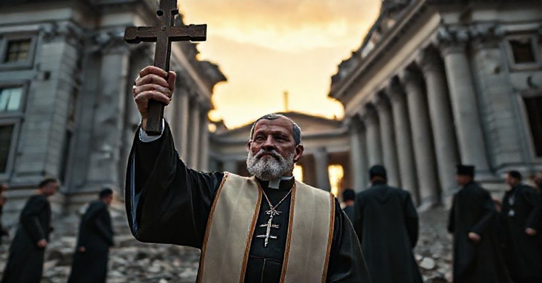 Tradycyjny ksiądz w pełnym ornaty stoi przed rozpadającym się rządowym budynkiem, trzymając krzyż w górze. Tło przedstawia cienie polityków w sporze. Scena oświetlona delikatnym świtem rannego słońca.