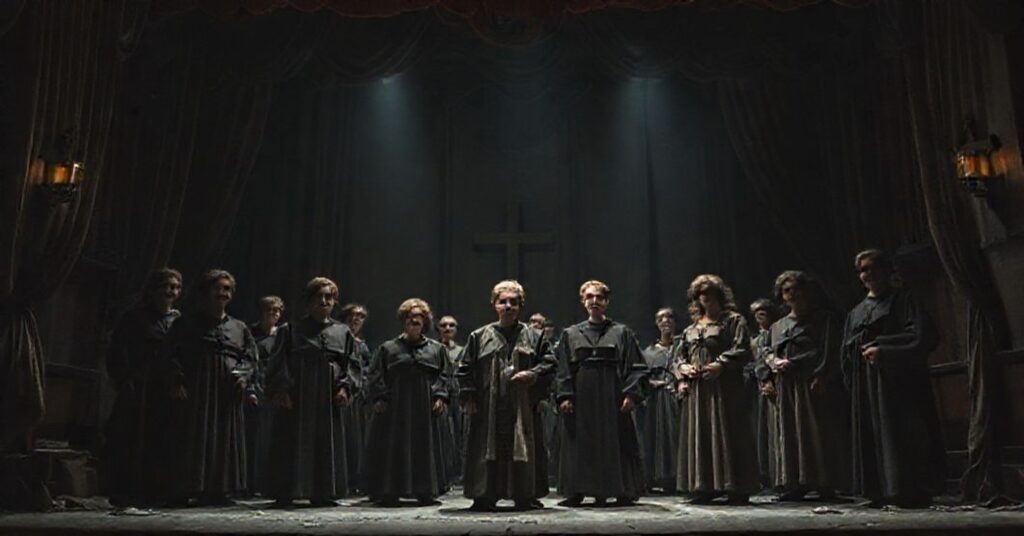 Scena teatralna przedstawiająca upadek współczesnej sztuki w tradycyjnym katolickim kontekście