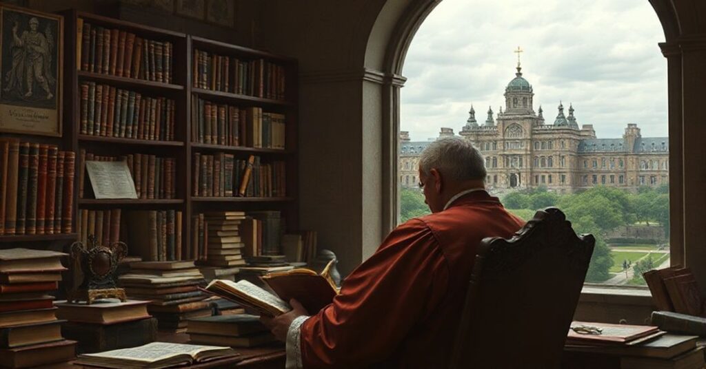 Tradycyjny katolicki naukowiec w poważnej bibliotece patrzący z krytycznością na zdemoralizowany uniwersytet