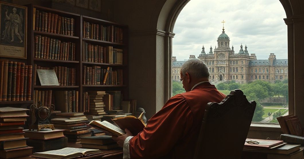 Tradycyjny katolicki naukowiec w poważnej bibliotece patrzący z krytycznością na zdemoralizowany uniwersytet
