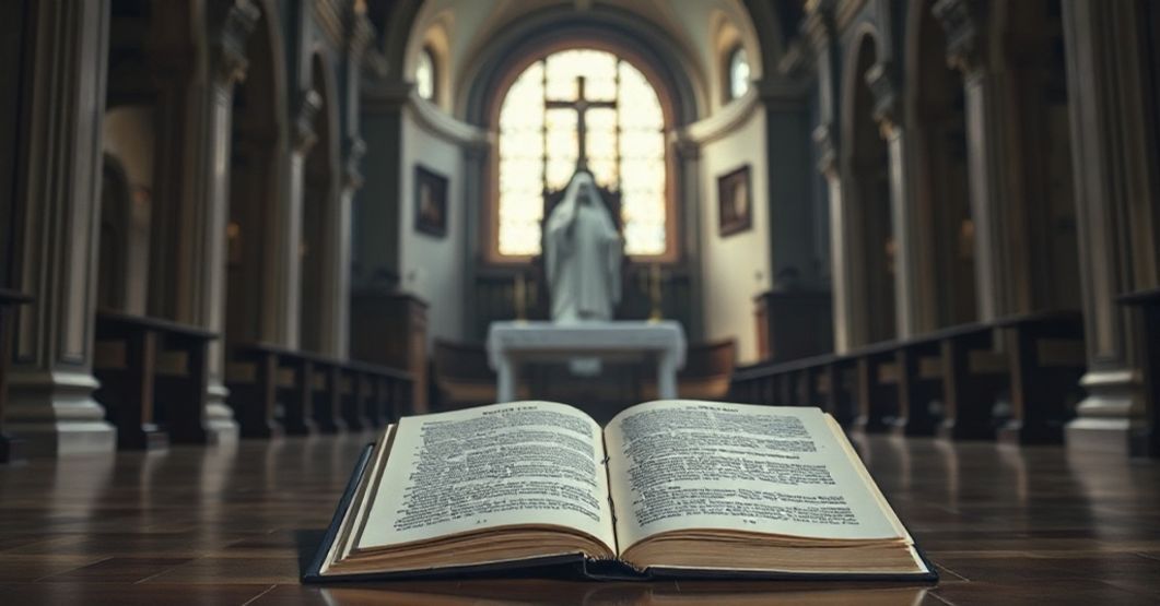 Wnętrze tradycyjnego kościoła katolickiego z pustym ołtarzem główym, symbolizujące upadek wiary i herezję nowożytną.