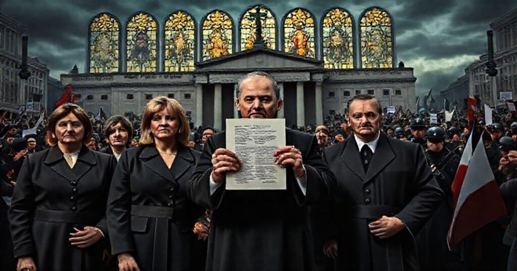 Obraz przedstawiający upadek wymiaru sprawiedliwości w świeckim państwie z perspektywy katolicyzmu tradycyjnego. Parlamentarzyści Joanna Borowiak i Paweł Szrot stają się symbolami anarchii w TVP.