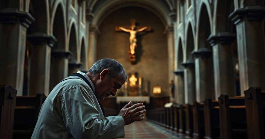 Poważny kleryk w tradycyjnym strój kościelnym modli się przed krzyżem w ciemnym kościele gotyckim.