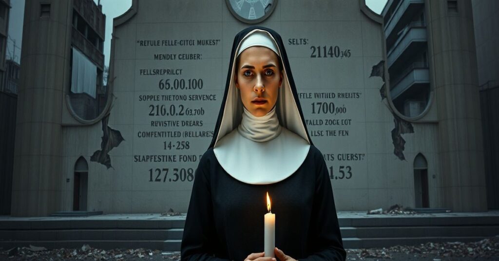 Tradycyjna siostra zakonna w habitach sprzed 1958 roku stoi przed ruinami nowoczesnej świątyni, symbolizując upadek prawdziwego życia konsekrowanego.