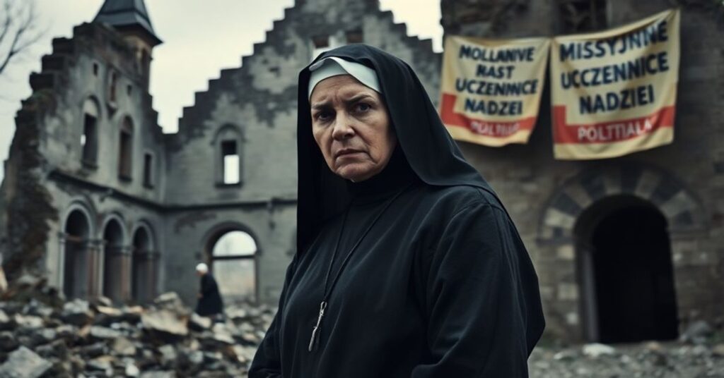 Tradycyjna zakonnica w habitach stoi przed ruinami klasztoru, symbolizując upadek życia konsekrowanego pod wpływem UISG