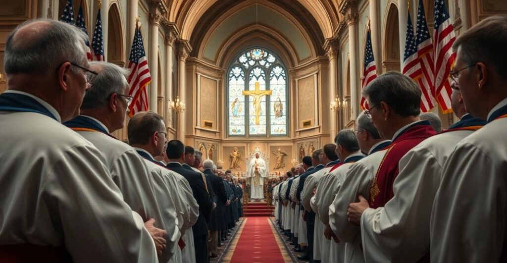 Religijne, poważne zdjęcie upamiętniające Charliego Kirka, ukazujące katolickich duchownych podczas modlitwy w kościele, z naciskiem na brak obecności Chrystusa Króla i krytykę sekularyzacji