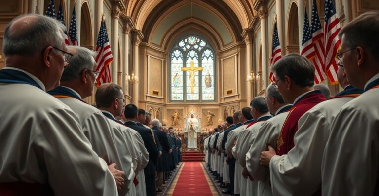 Religijne, poważne zdjęcie upamiętniające Charliego Kirka, ukazujące katolickich duchownych podczas modlitwy w kościele, z naciskiem na brak obecności Chrystusa Króla i krytykę sekularyzacji