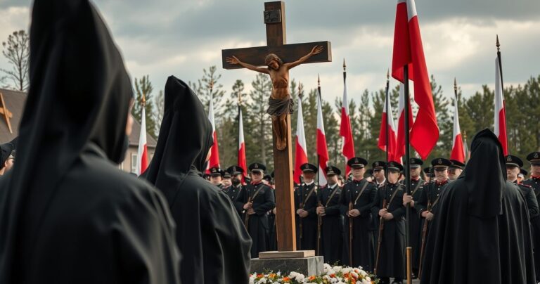 Rewersyjna scena katolickiego upamiętnienia bitwy z tradycyjnym duchowieństwem i flagami Polski, symbolizująca prawdziwą walkę duchową i krytykę modernistycznych interpretacji.