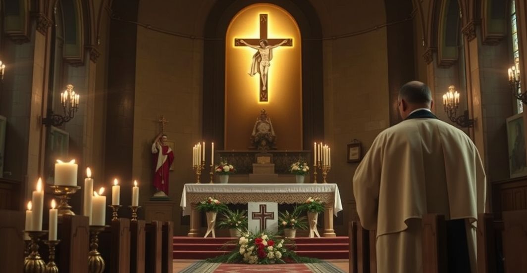 Reverentny obraz katolicki upamiętniający Charliego Kirka, z krzyżem i świecami, symbolizujący smutek i duchową refleksję nad tragedią bez Chrystusa