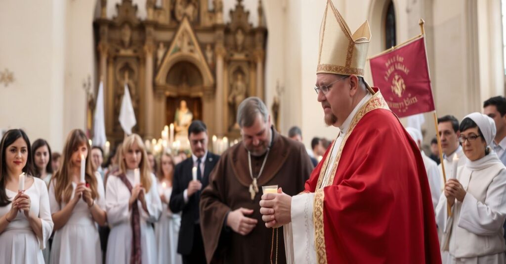 Uroczyste wręczenie tytułu „Protector Vitae” podczas diecezjalnego dnia świętości życia w Nowej Słupi, z udziałem „biskupa” Krzysztofa Nitkiewicza i Krzysztofa Bonara.