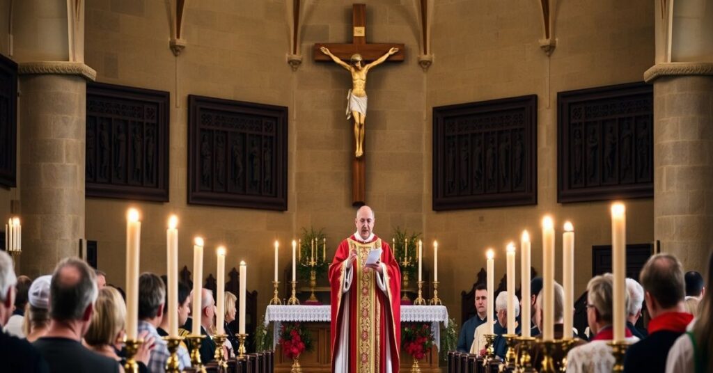 Uroczysta Msza św. w Orłowie z okazji rocznicy Bitwy pod Gajrowskimi z biskupem Jerzym Mazurem. Scena uwzględnia chrześcijańskie symbole i tradycyjną atmosferę katolicką.
