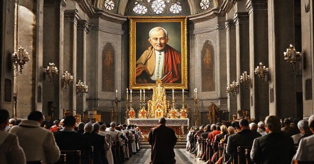 Uroczysta Msza w Bazylice św. Piotra w Rzymie z wizerunkiem Jana Pawła II na tle tradycyjnych elementów liturgicznych.