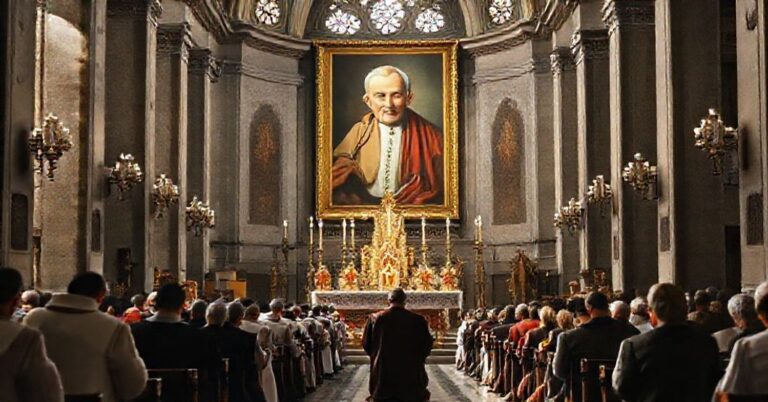 Uroczysta Msza w Bazylice św. Piotra w Rzymie z wizerunkiem Jana Pawła II na tle tradycyjnych elementów liturgicznych.