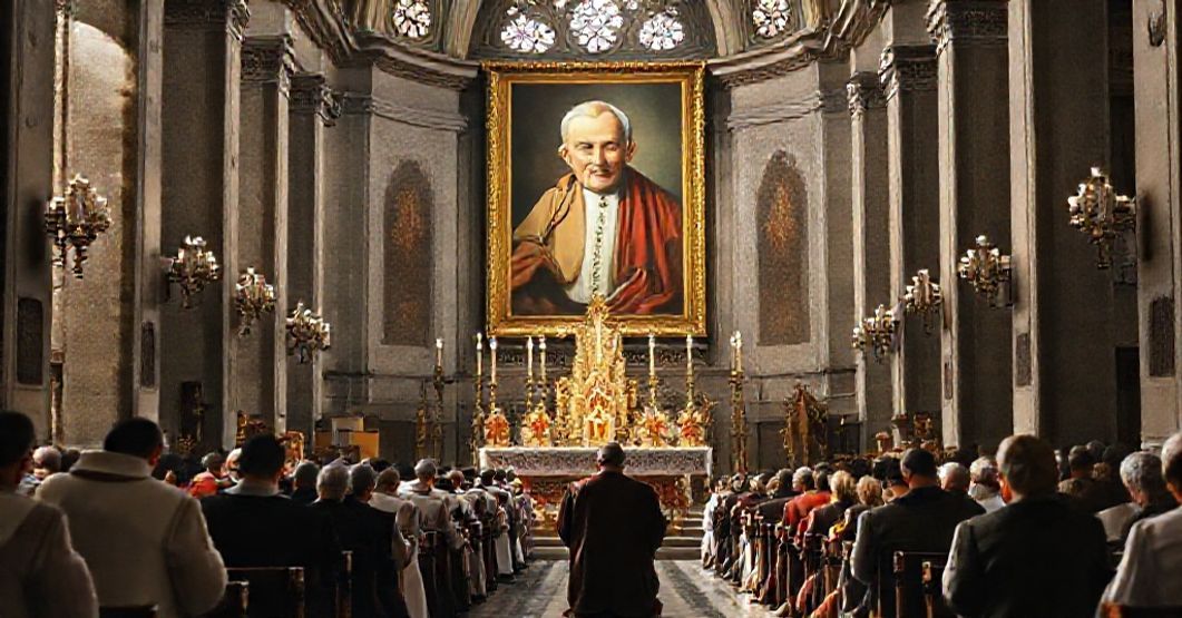 Uroczysta Msza w Bazylice św. Piotra w Rzymie z wizerunkiem Jana Pawła II na tle tradycyjnych elementów liturgicznych.