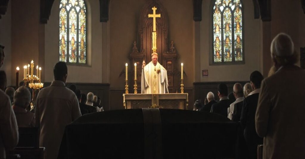 Uroczysta katolicka msza pogrzebowa w tradycyjnym kościele, z kapłanem w sutannie i biało-srebrnym ornacie, podnoszącym monstrancję z Najświętszym Sakramentem. Nawa kościoła jest przyciemniona, z witrażami rzucającymi delikatne światło. Na pierwszym planie trumna pokryta czarną pallą, otoczona żałobnikami w tradycyjnych strojach, z głowami pochylonymi w modlitwie. Scena podkreśla powagę śmierci i potrzebę modlitw za zmarłych z perspektywy sedewakantyzmu.