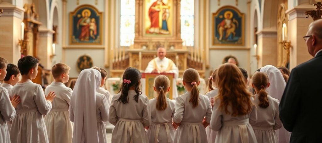 Wizerunek przedstawia uroczystą Mszę Świętą pod przewodnictwem abp. Tadeusza Wojdy SAC w Konstancin-Jeziornie z udziałem dzieci.