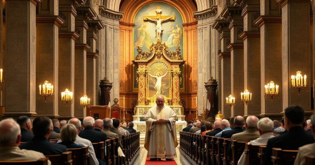 Uroczysta msza katolicka w Bazylice św. Piotra z udziałem hierarchów kościelnych i wiernych.